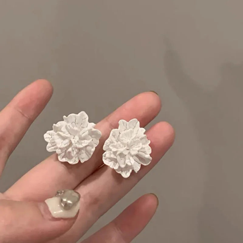 White Camellia Flower Stud Earrings