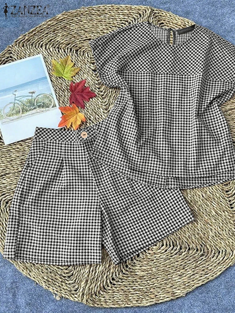 Plaid Blouse & Shorts Set