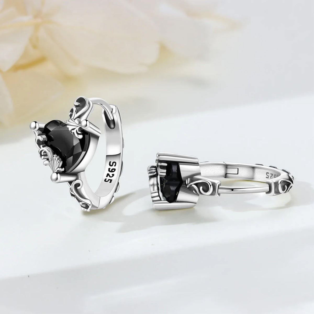 925 Silver Vine Heart Black Zircon Hoops