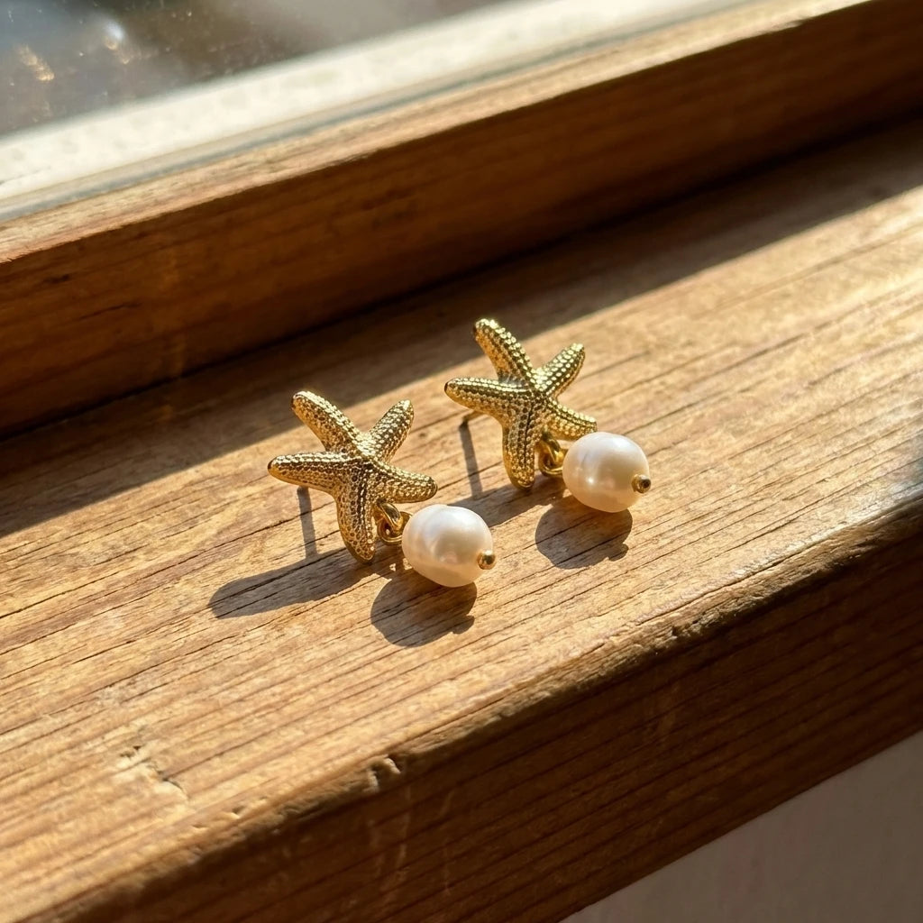 Gold Starfish & Shell Pearl Earrings