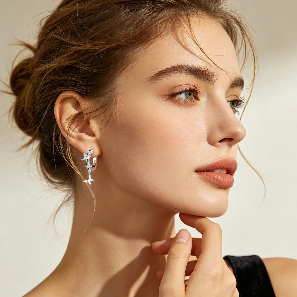 925 Silver Butterfly Flower Dangle Earrings
