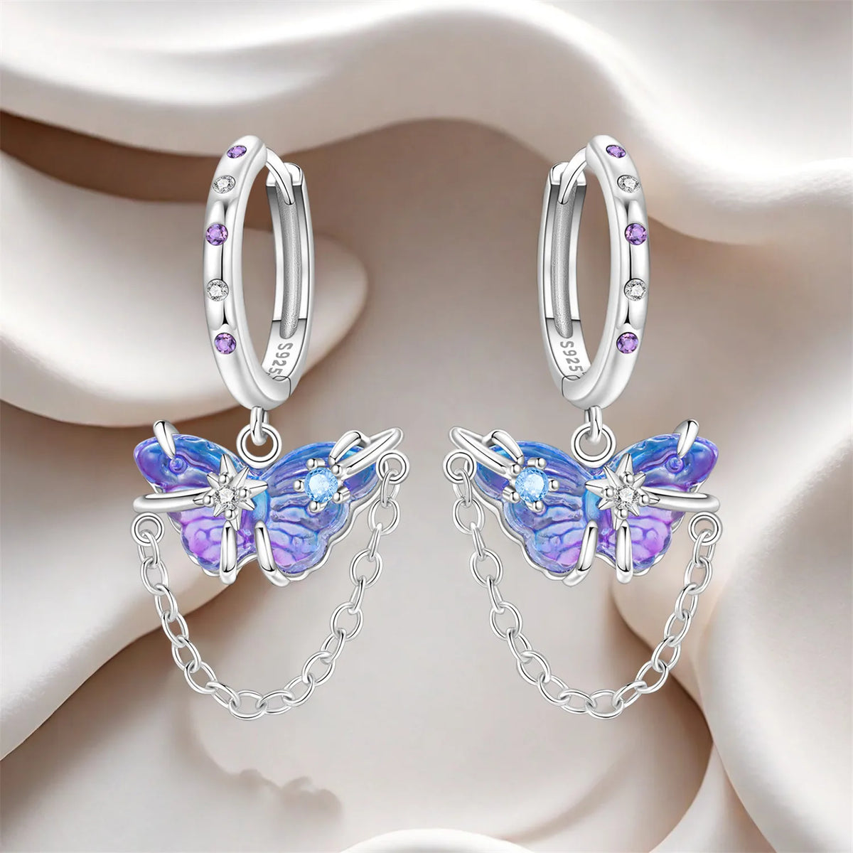 925 Silver Purple Butterfly Drop Earrings