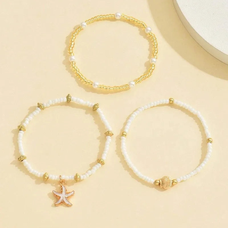 Boho Starfish & Shell Bead Anklet Set