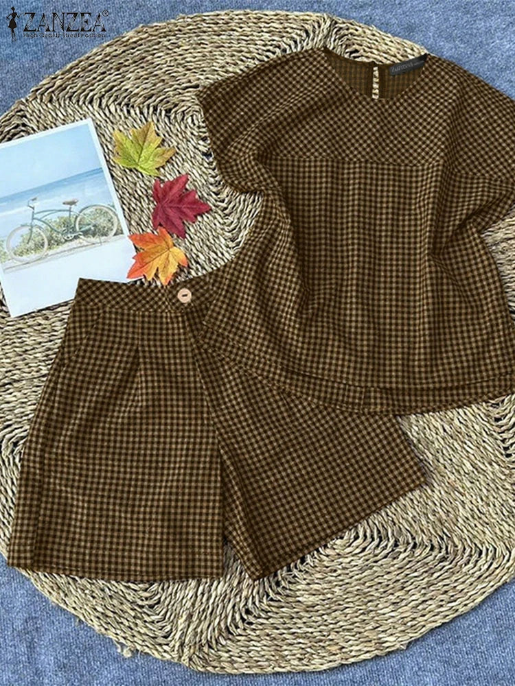 Plaid Blouse & Shorts Set