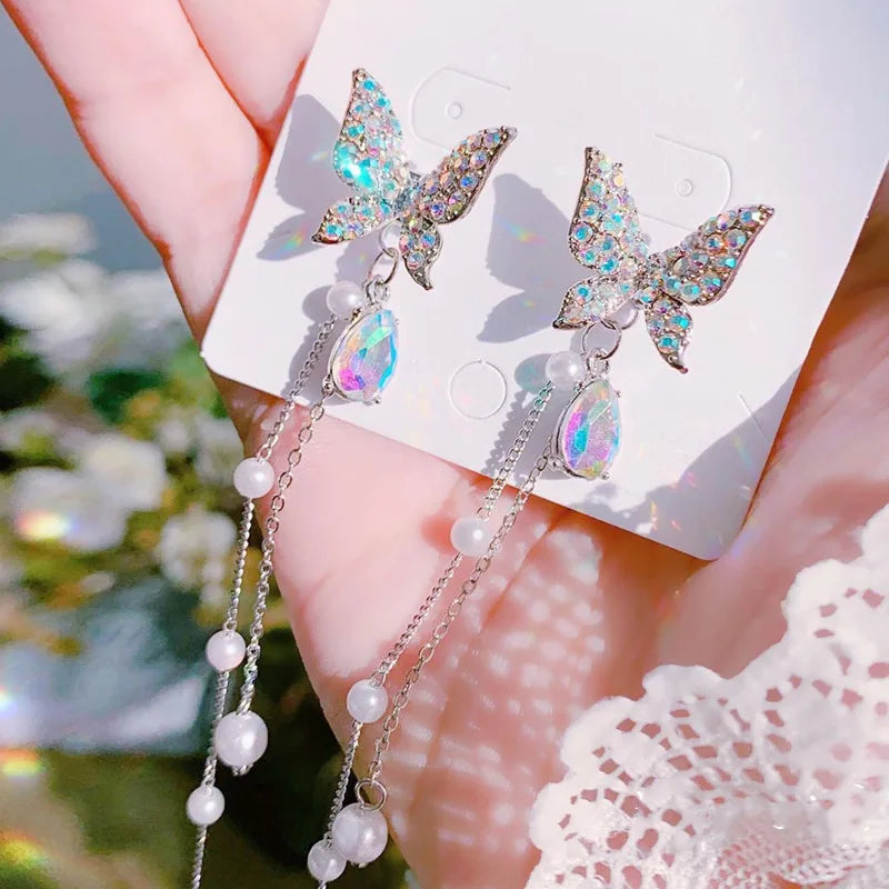 Purple Butterfly Pearl Tassel Earrings