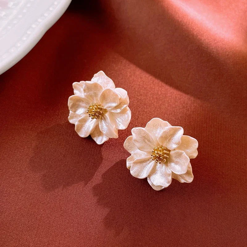 White Camellia Flower Stud Earrings