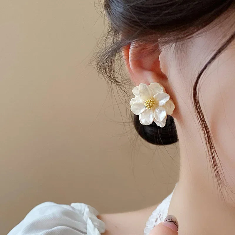 White Camellia Flower Stud Earrings