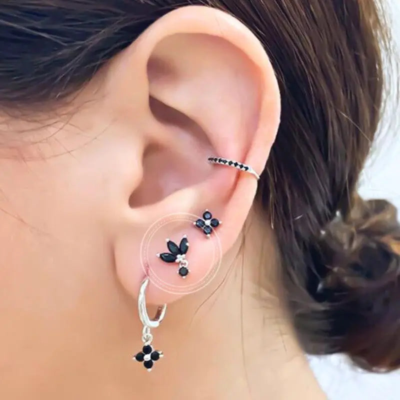 925 Silver Black Zircon Charm Hoops