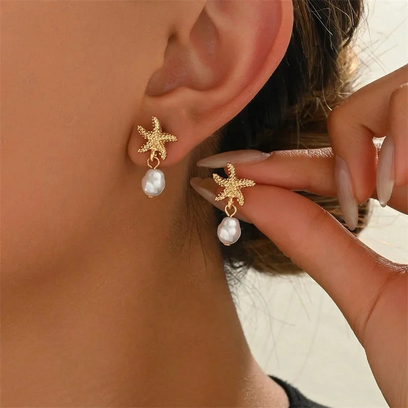 Starfish & Pearl Drop Earrings