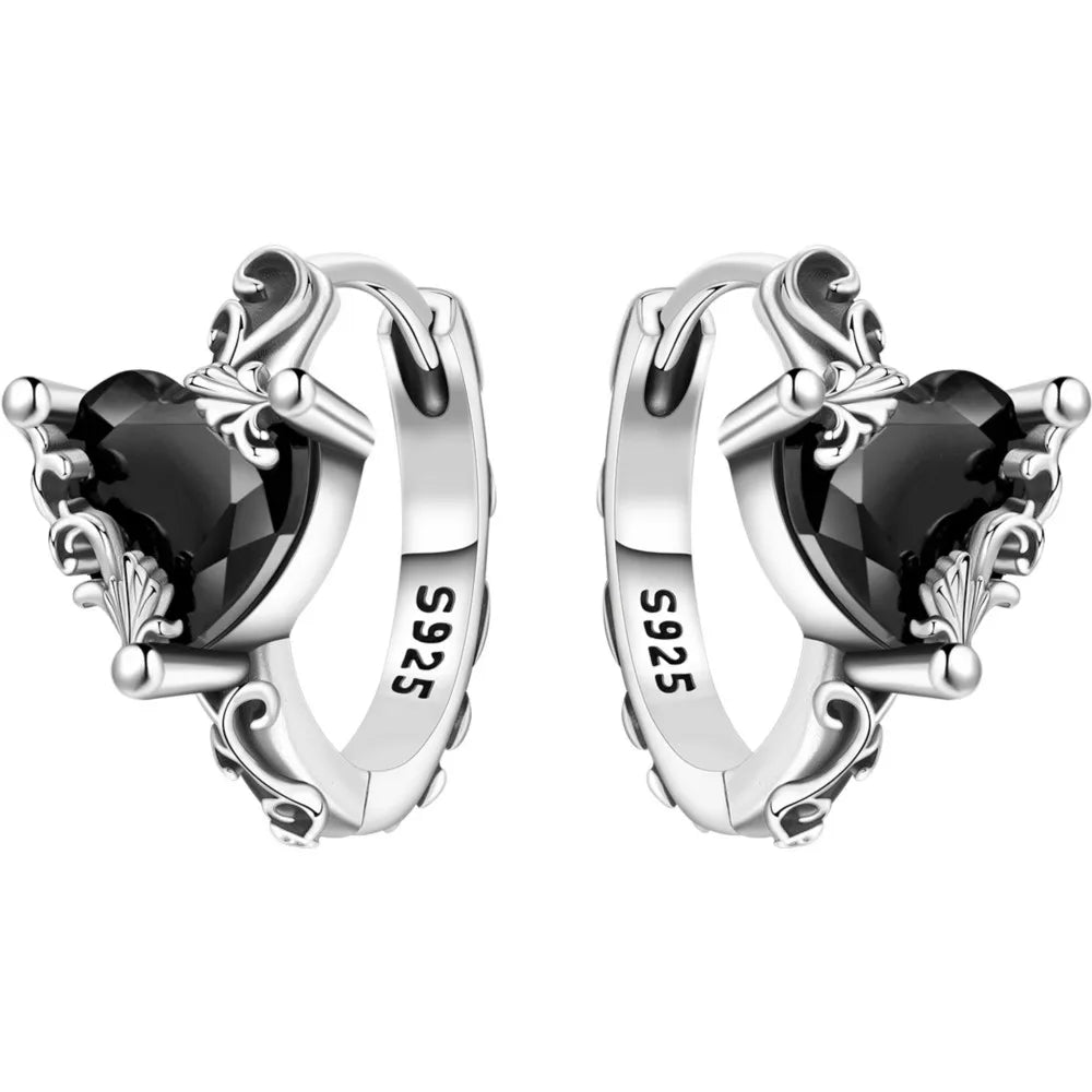 925 Silver Vine Heart Black Zircon Hoops