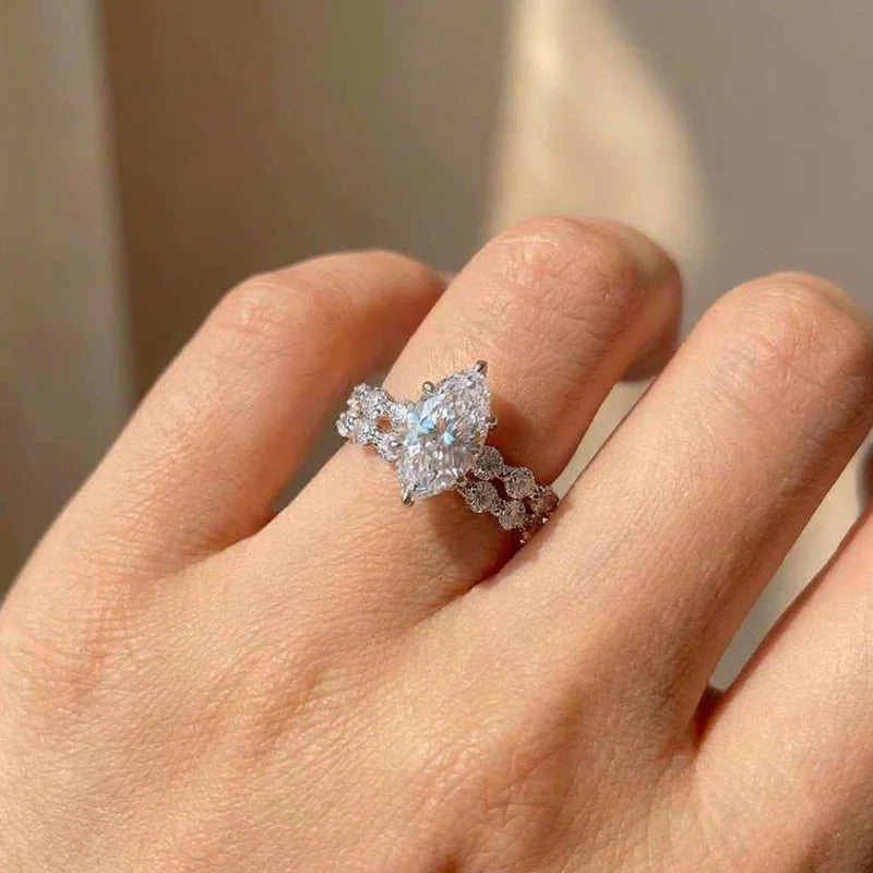 💎 925 Sterling Silver Marquise CZ Ring Set
