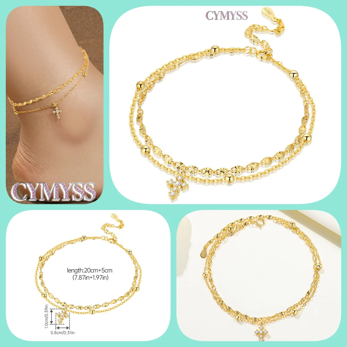 925 Silver 18K Gold CZ Layered Anklet
