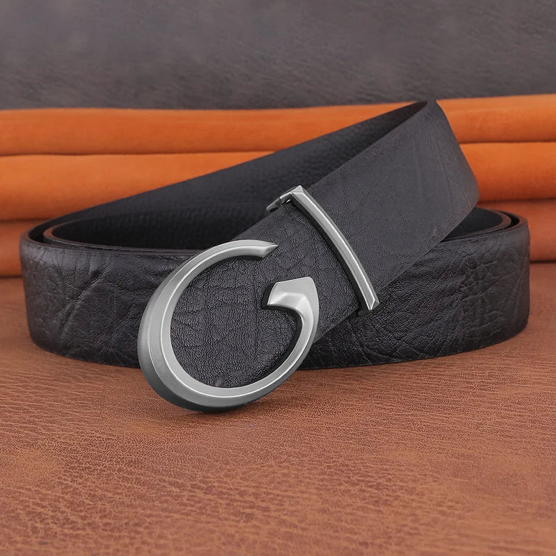 Men's Coffee Leather Belt with Smooth Buckle