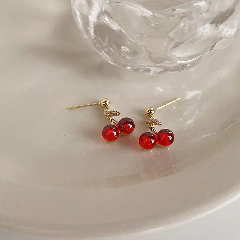 🍒 Red Cherry Pendant Necklace Earrings Set