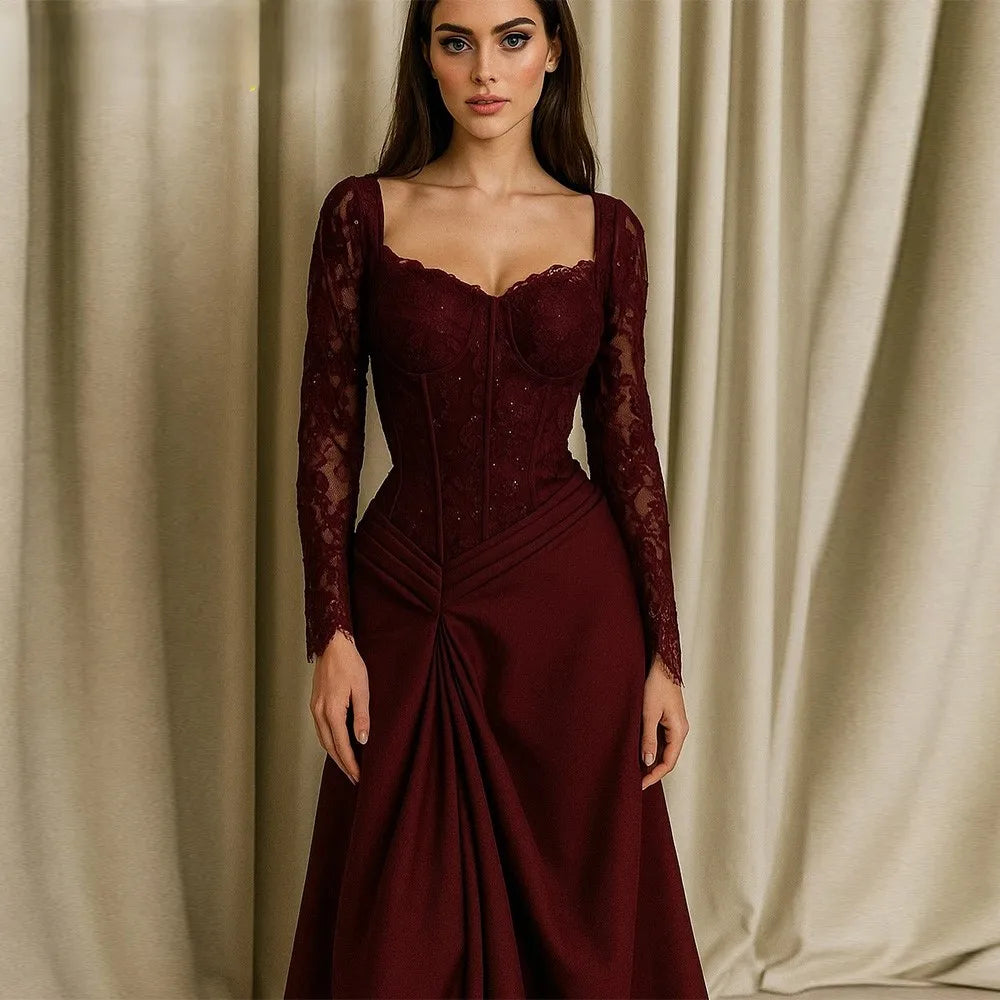 V-Neck Long Sleeve Lace A-Line Gown