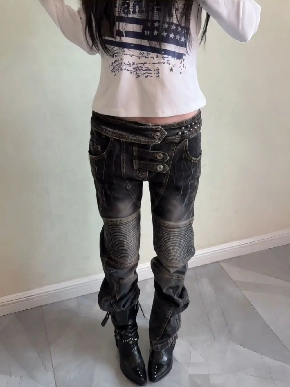 Pleated Button Distressed Slim Jeans