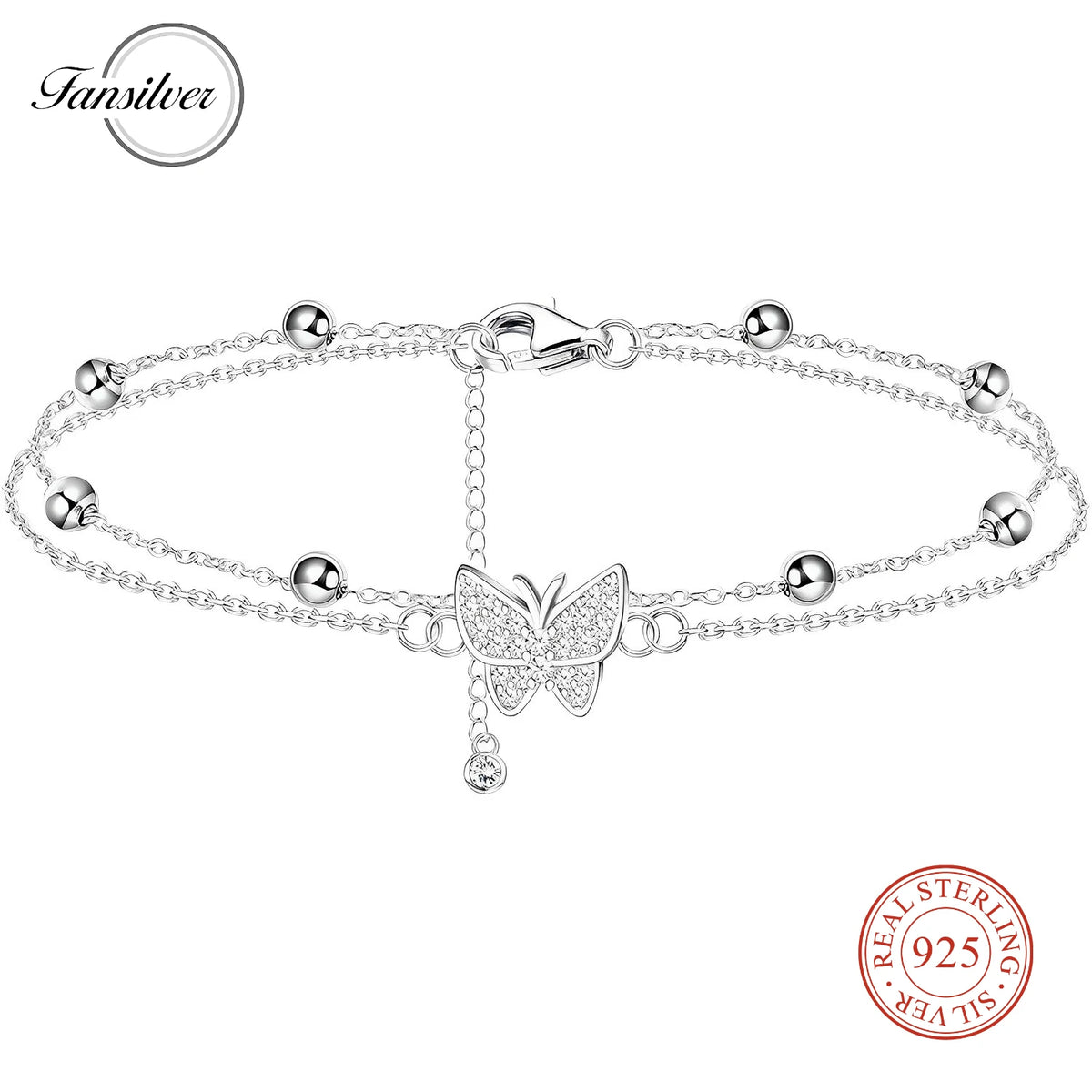 925 Silver Butterfly & Heart Layered Anklet