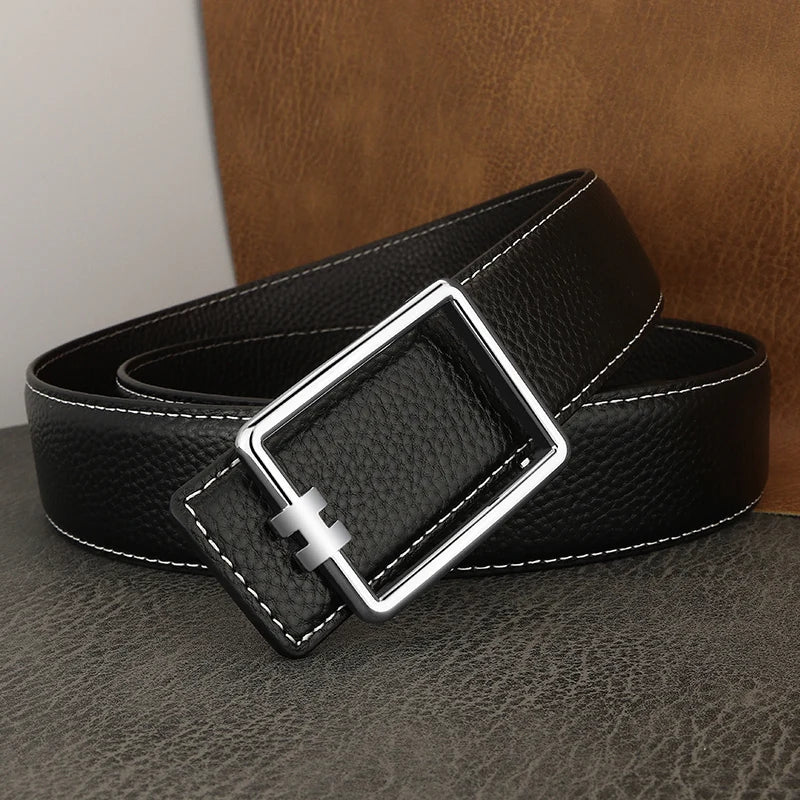 Men's Brown Leather Belt with Square Buckle