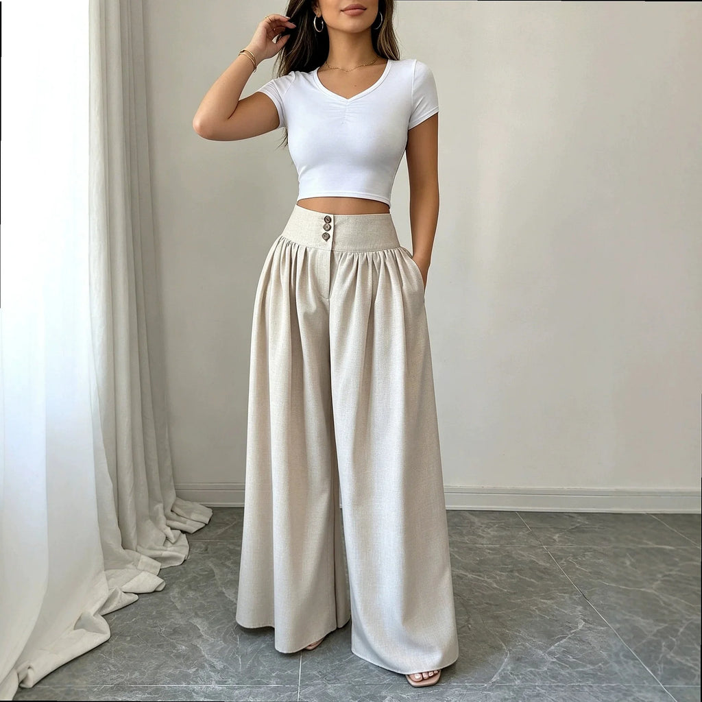 3-Button High Waist Wide-Leg Pants