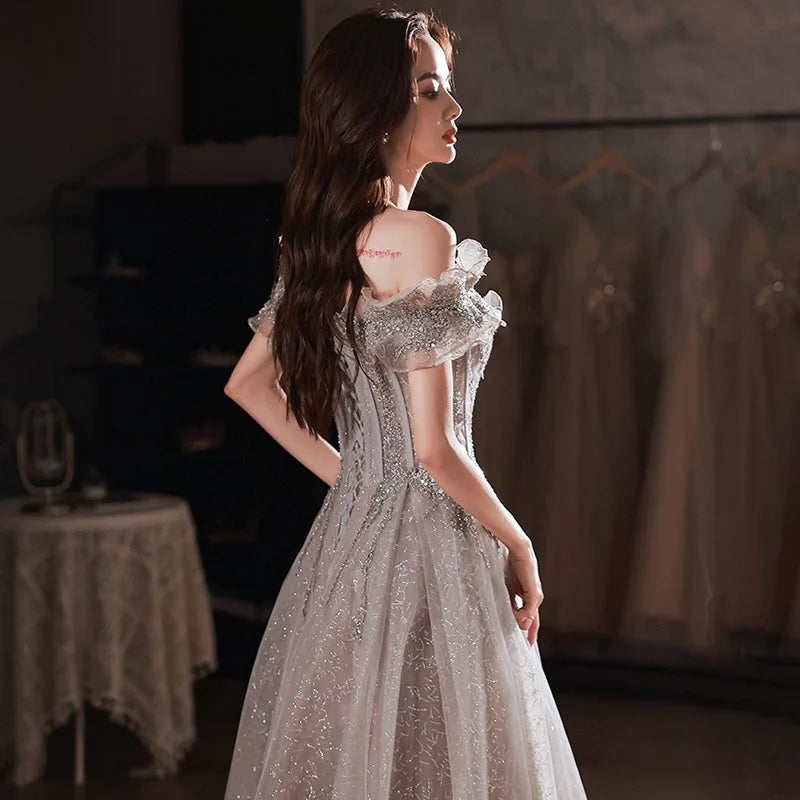 Silver Glitter Backless Sequin Gown