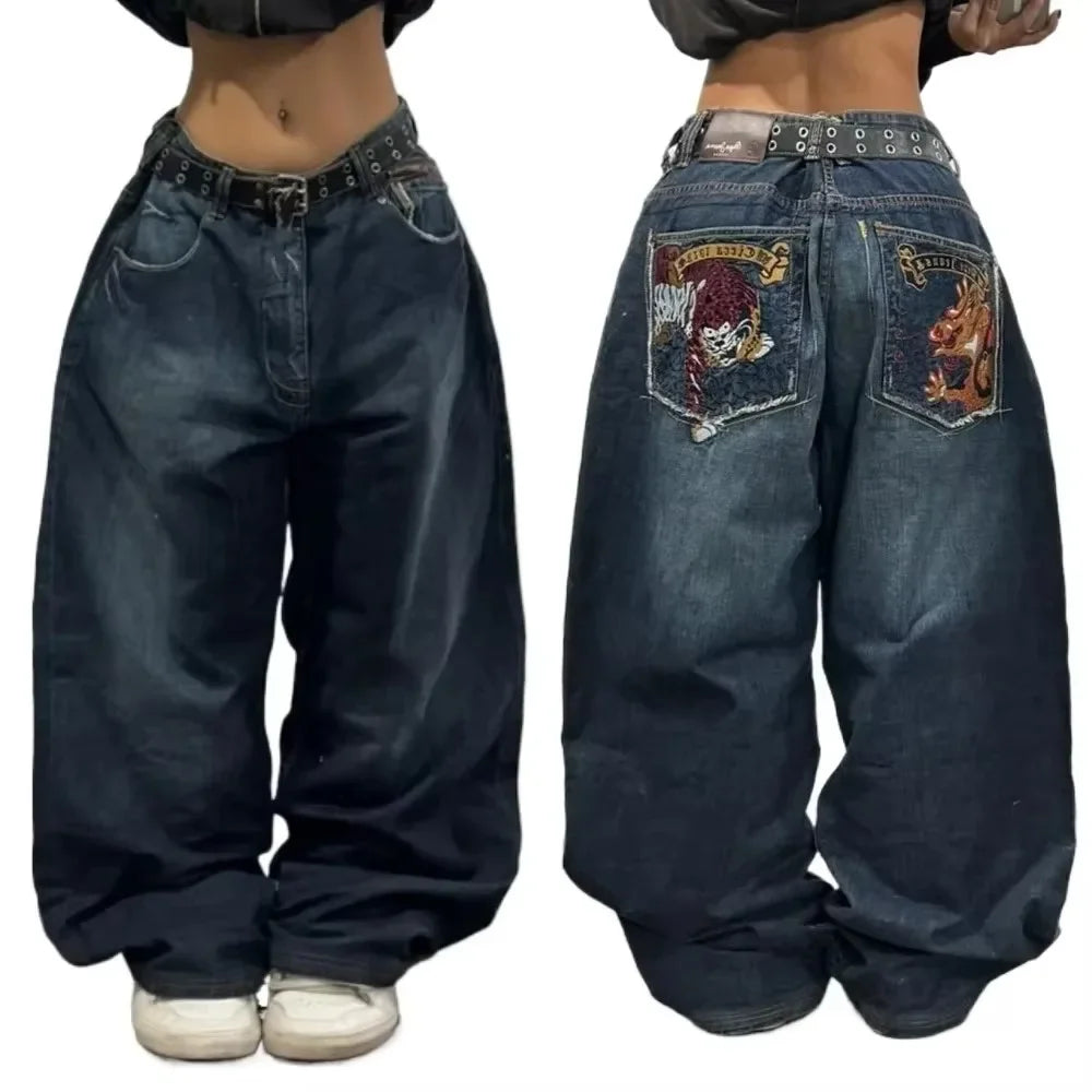 Letter Embroidered Wide-Leg Jeans
