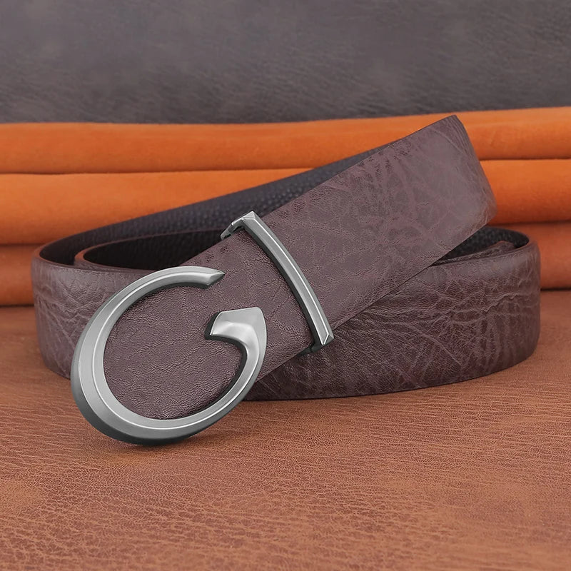 Men's Coffee Leather Belt with Smooth Buckle