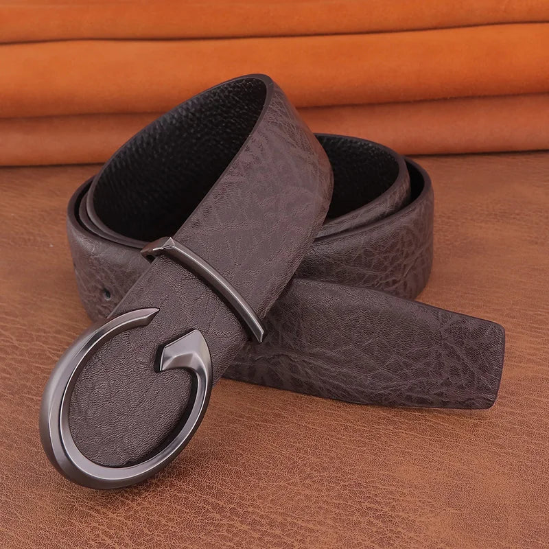 Men's Coffee Leather Belt with Smooth Buckle