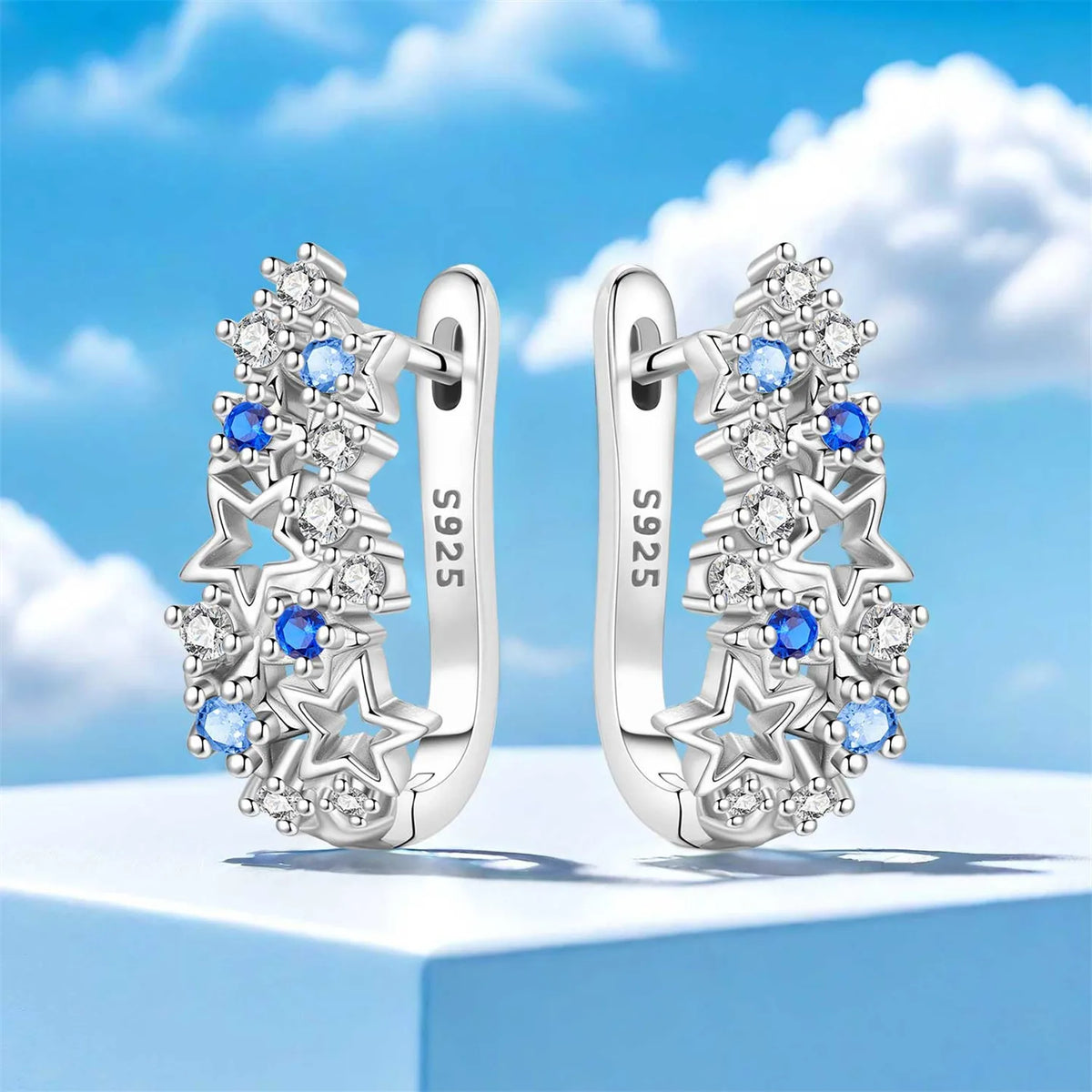 925 Silver Blue Star River Hoop Earrings