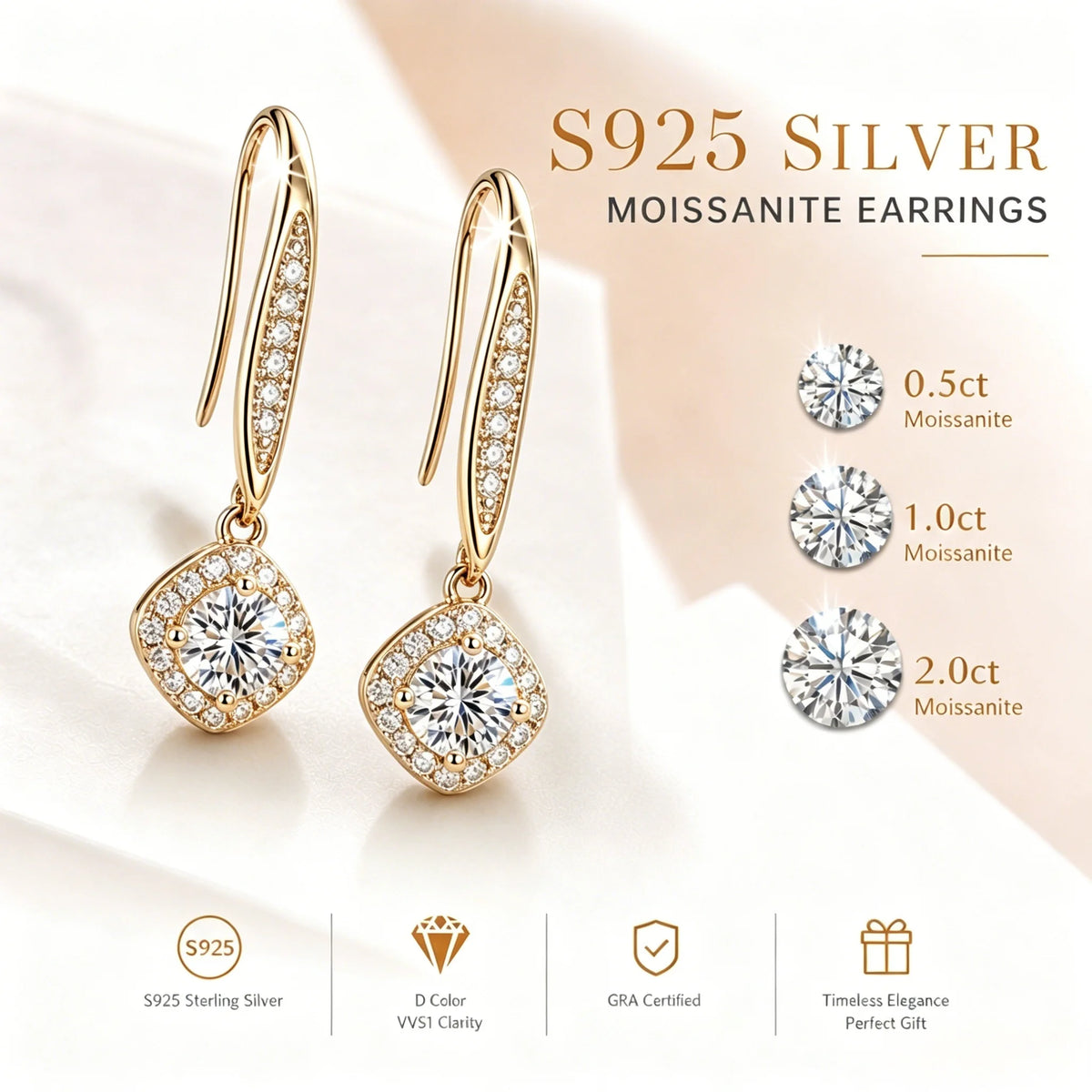 Moissanite Earrings – 18K Plated 925 Silver