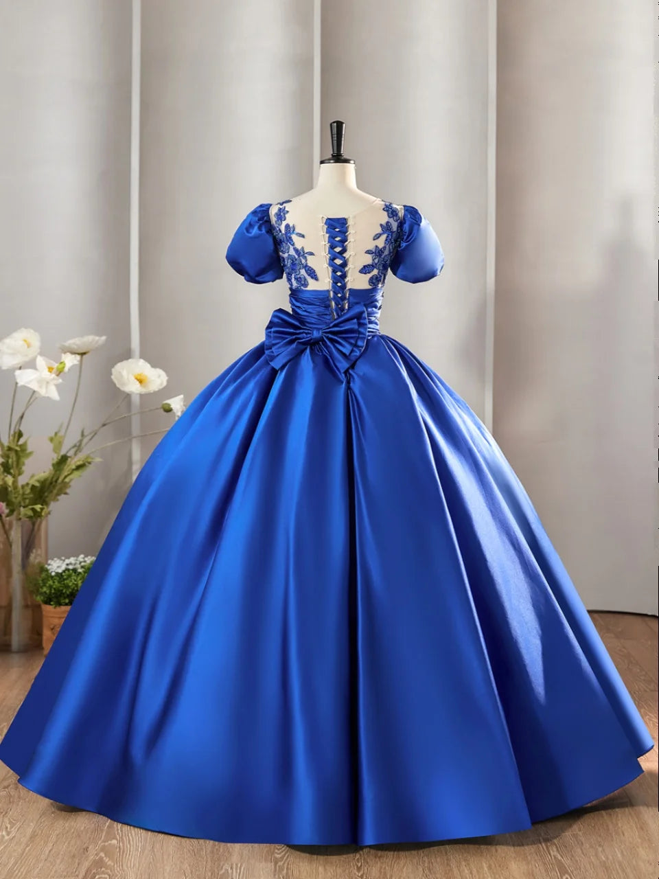 Puff Sleeve Applique Ball Gown