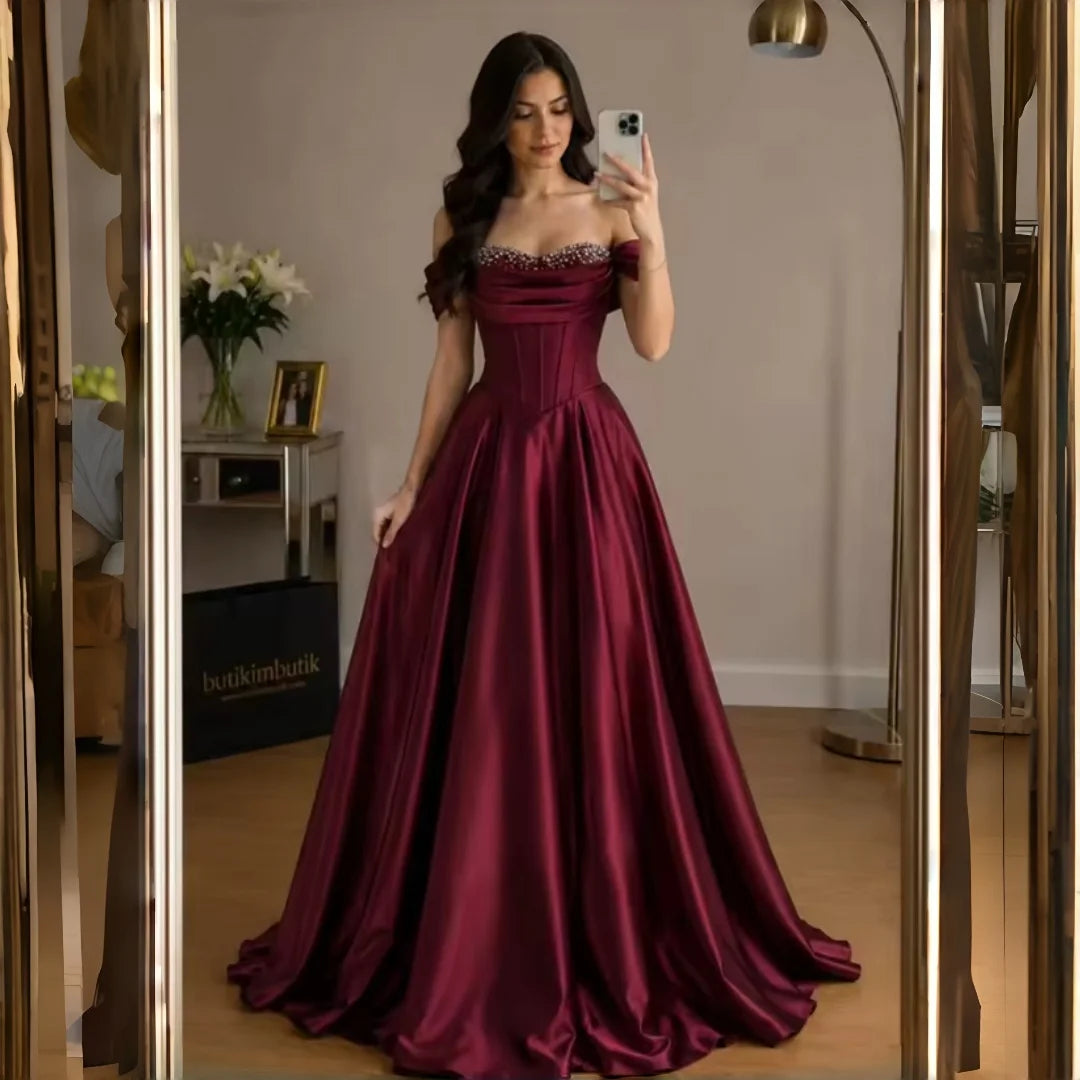 Off-Shoulder Beaded Satin A-Line Gown
