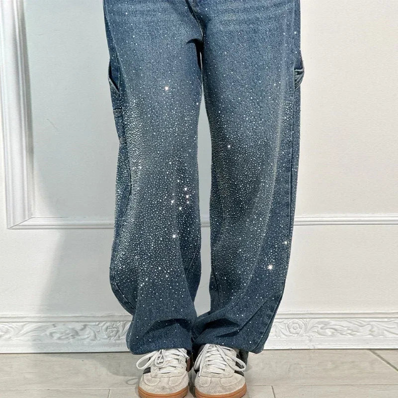 Rhinestone Low Waist Straight Jeans