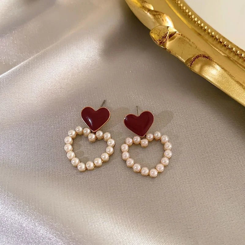 Red Enamel Pearl Heart Studs