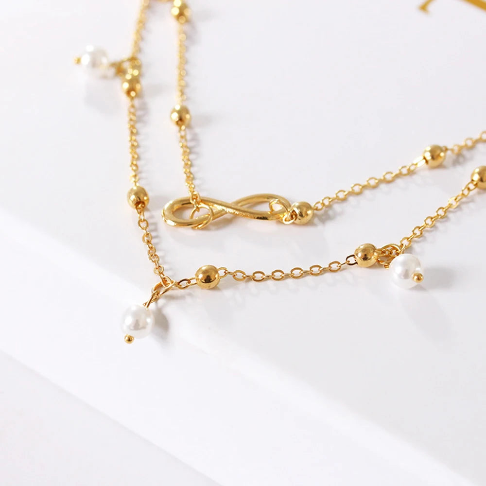 Pearl Heart Infinity Double Anklet Set