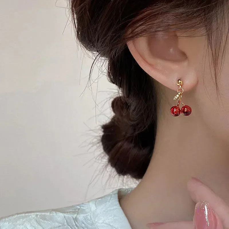 🍒 Red Cherry Pendant Necklace Earrings Set