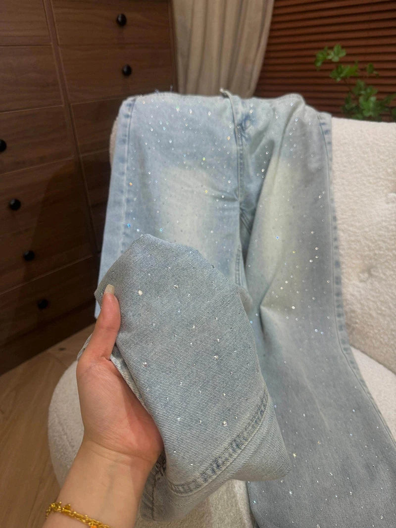Light Blue Rhinestone Straight Jeans