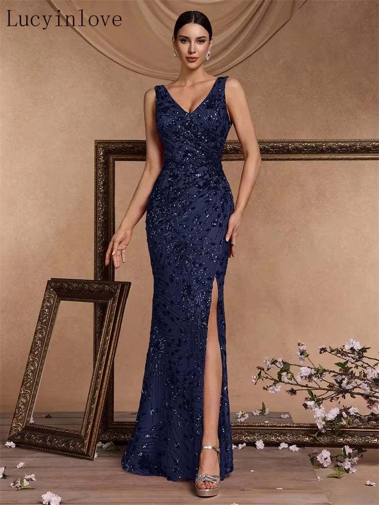 V-Neck Slit Sequin Mermaid Gown