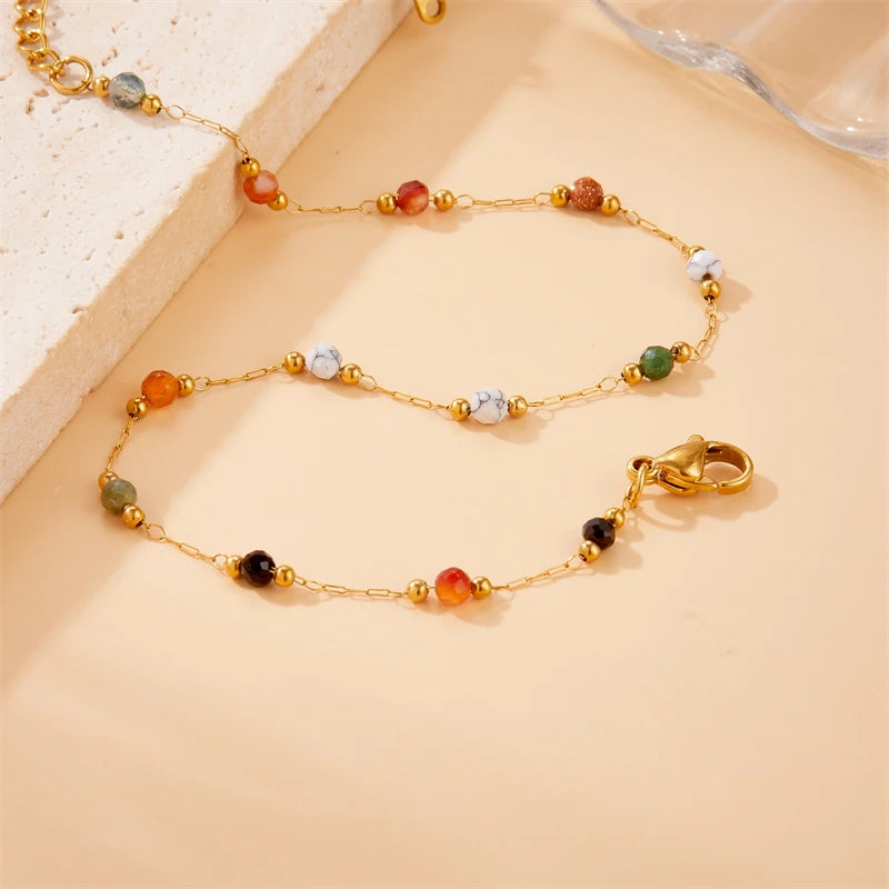 Colored Bead & Zircon Steel Anklet
