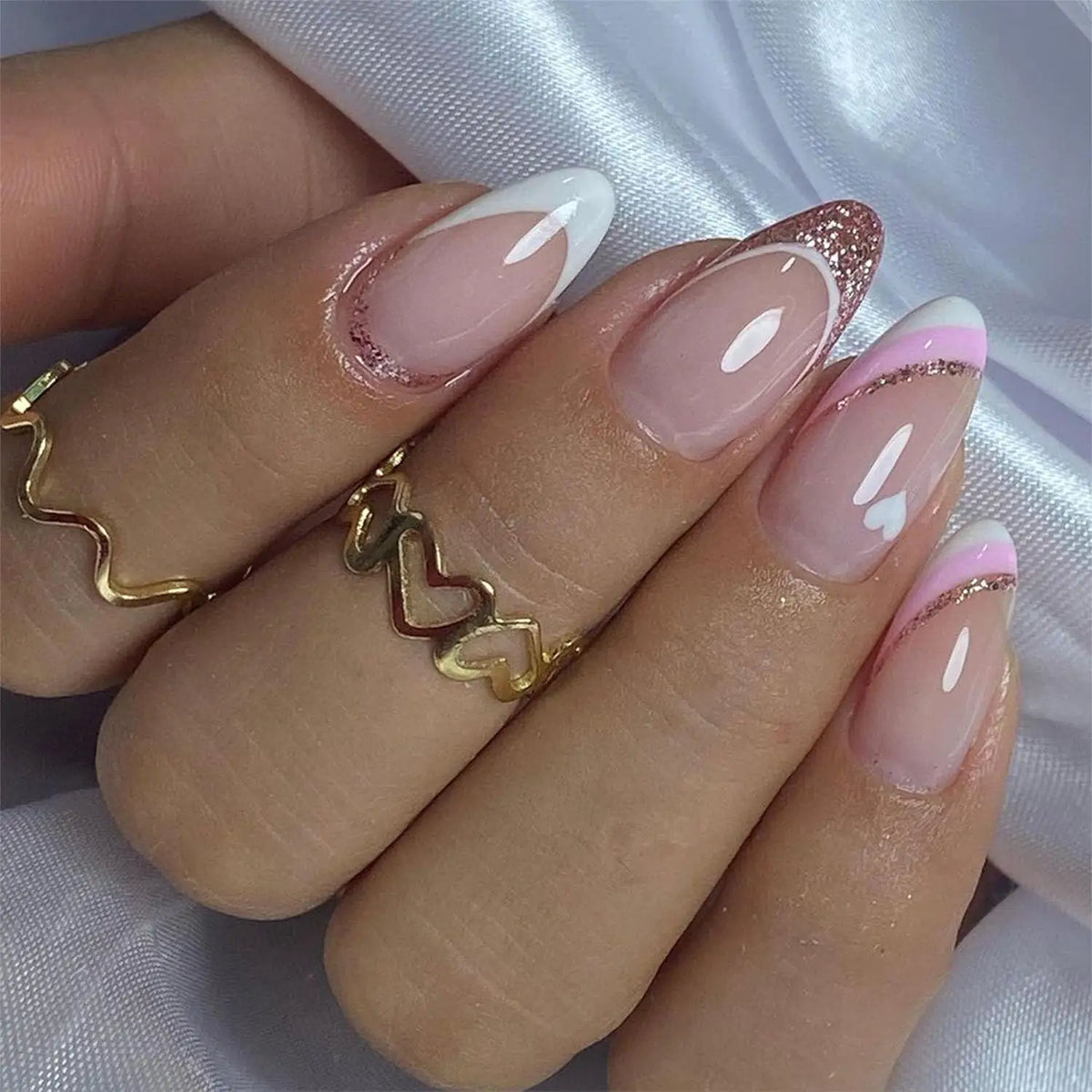 24-Piece Nude Pink Gold-Line Press-On Nails