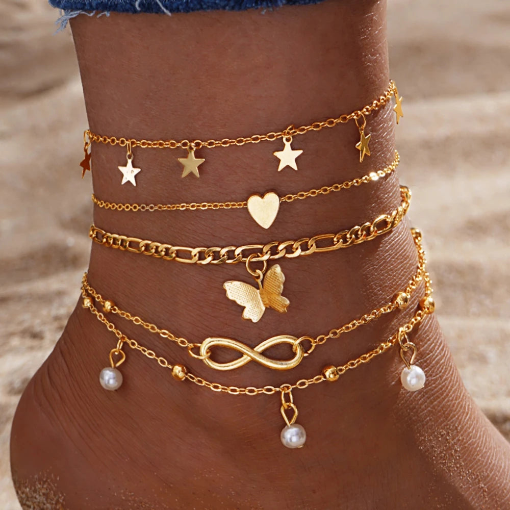 Boho Charm Anklet Set – 5 Pcs