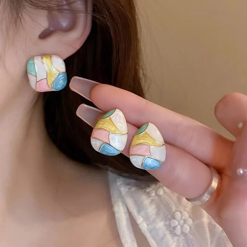 Colorful Enamel Grid Square Studs