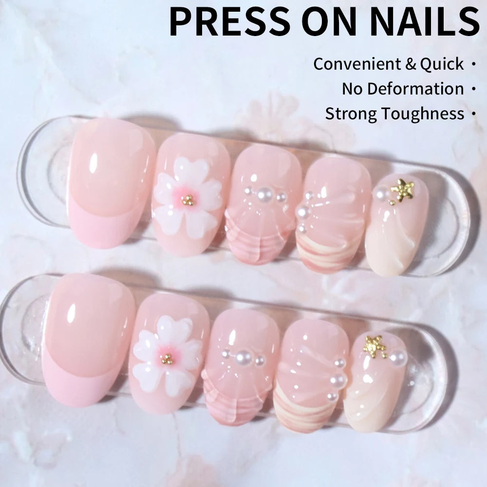 24-Piece 3D Pearl Flower Press-On Nails
