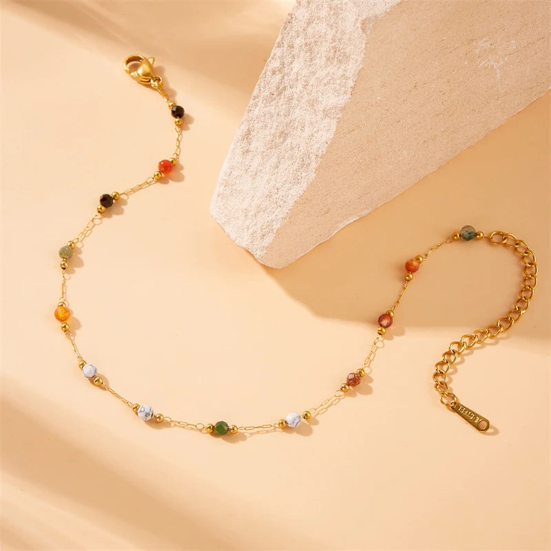 Colored Bead & Zircon Steel Anklet
