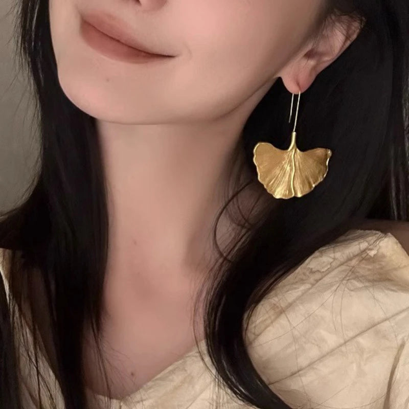 Gold Ginkgo Leaf Dangle Earrings