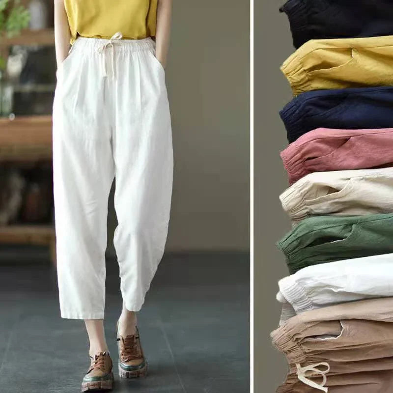Cotton Linen Lace-Up Ankle Pants
