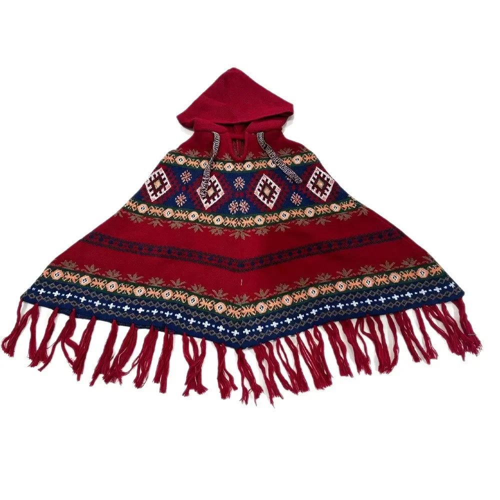 Embroidered Tassel Knit Shawl Cape