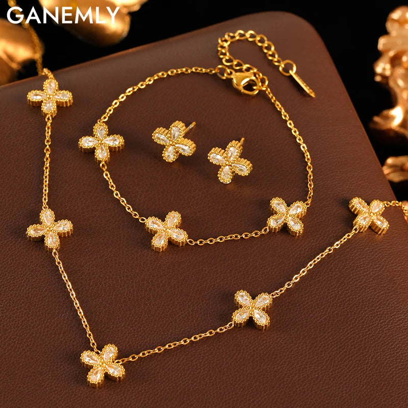 🌸 GANEMLY Flower Zircon Jewelry Set