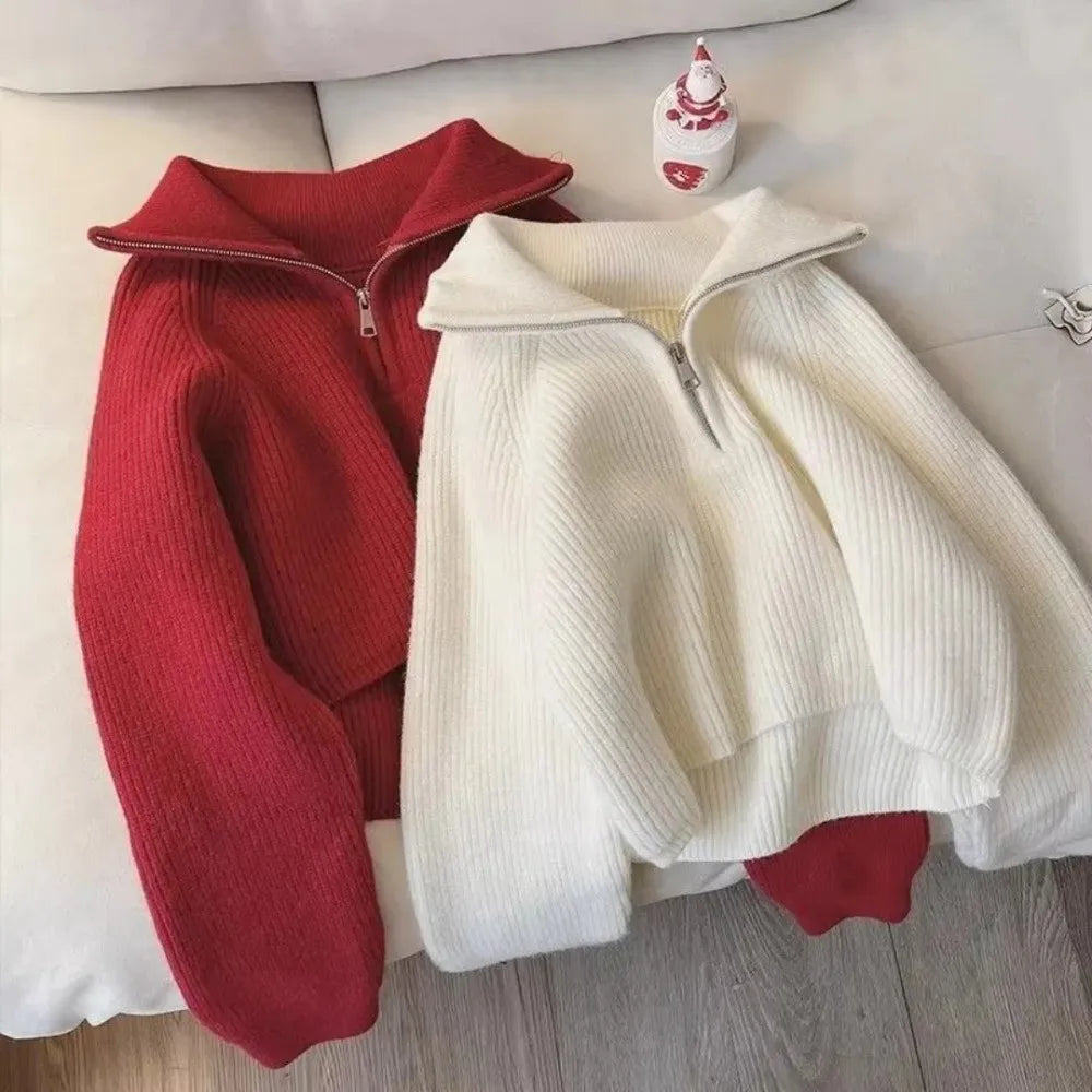 Half-Zip Cropped Waffle Knit Sweater