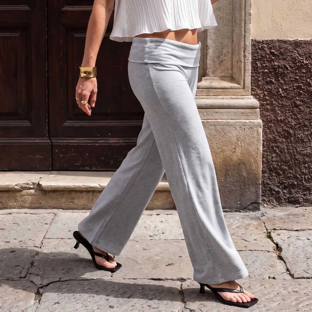 Fold-Over Waist Wide-Leg Trousers
