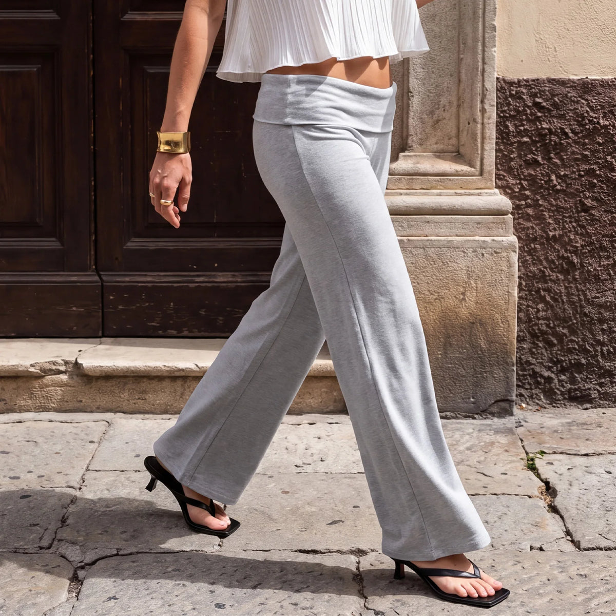 Fold-Over Waist Wide-Leg Trousers